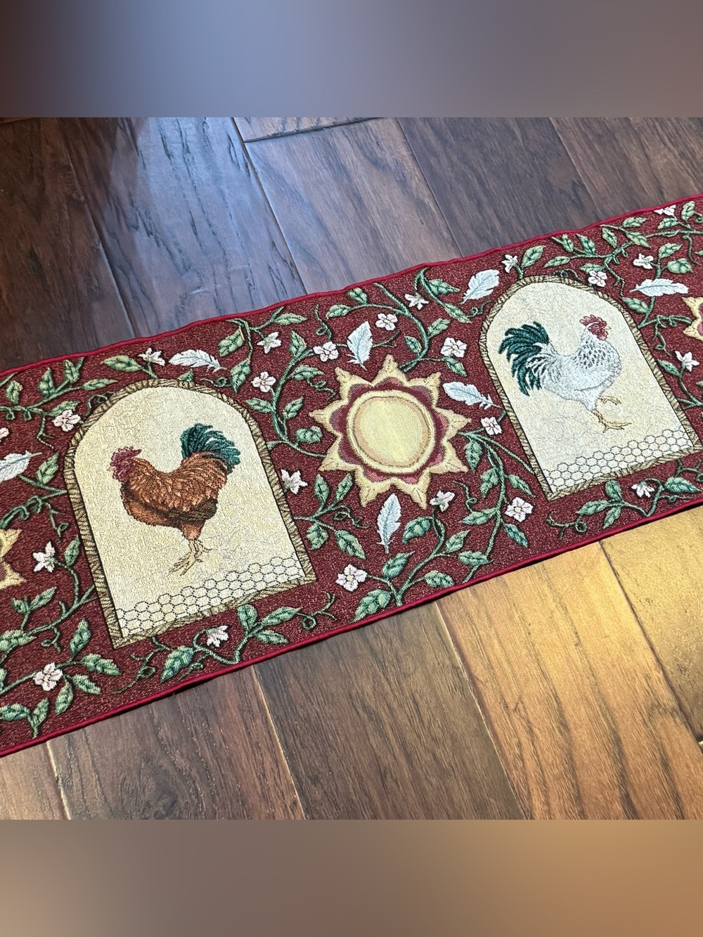 Vintage Rooster Tapestry Table Runner in Red and Cream 72” Le Roost USA
